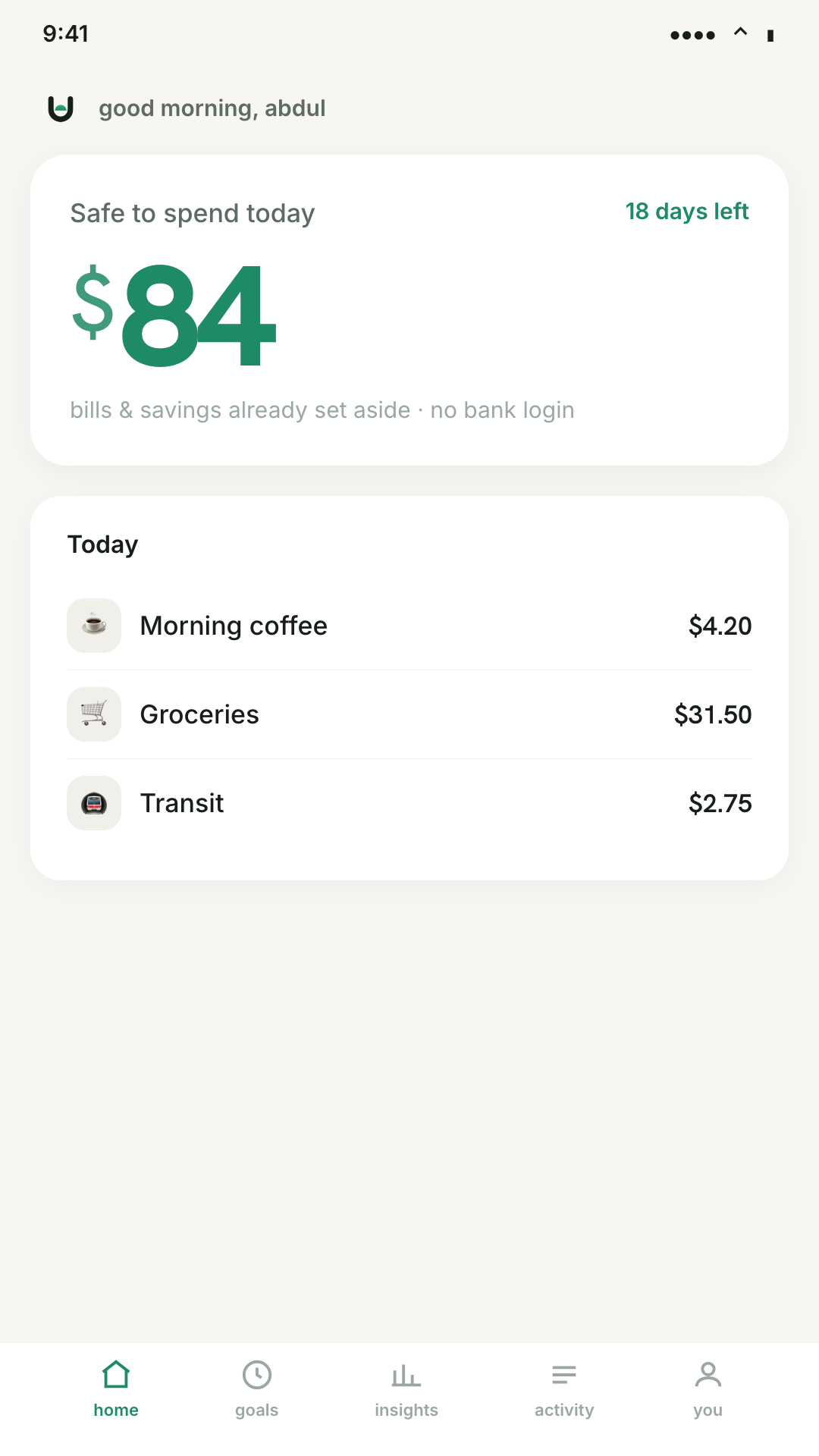 the sumii app showing 'safe to spend today, $84' — no charts, no bank login